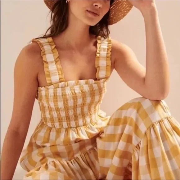 NWT! Abercrombie & Fitch Yellow and White Gingham Tiered Maxi Dress - Picture 3 of 8